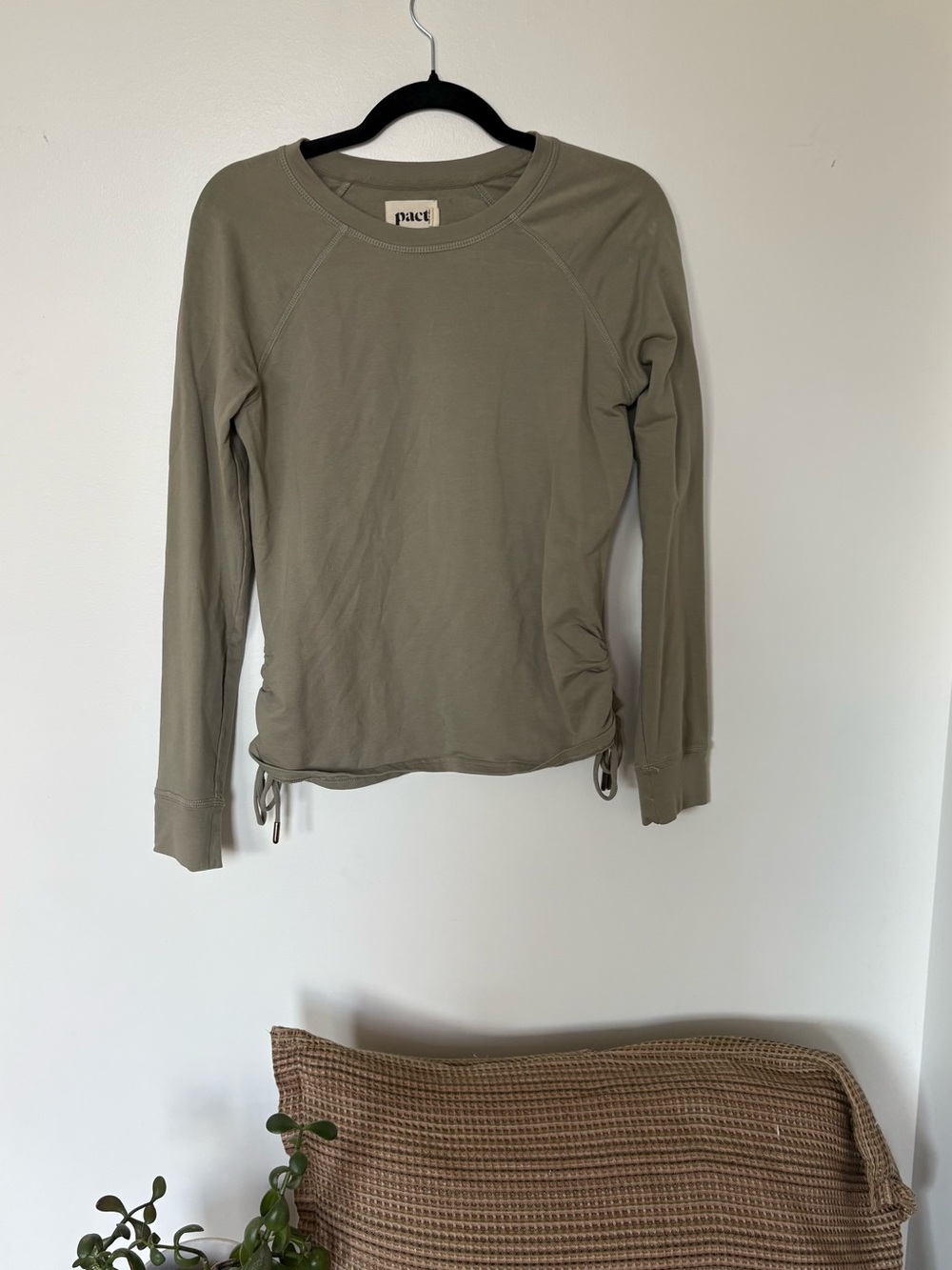 Pact Olive Crewneck Long Sleeve Top with Side Drawstrings